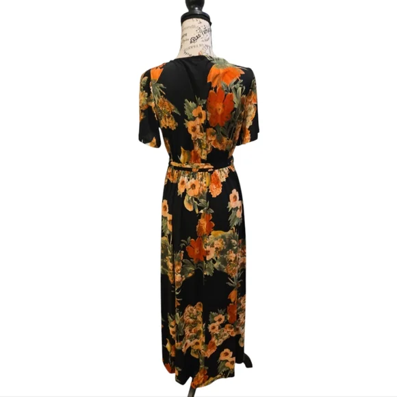 Floral Wrap Dress in Black and Orange - Picture 6 of 8